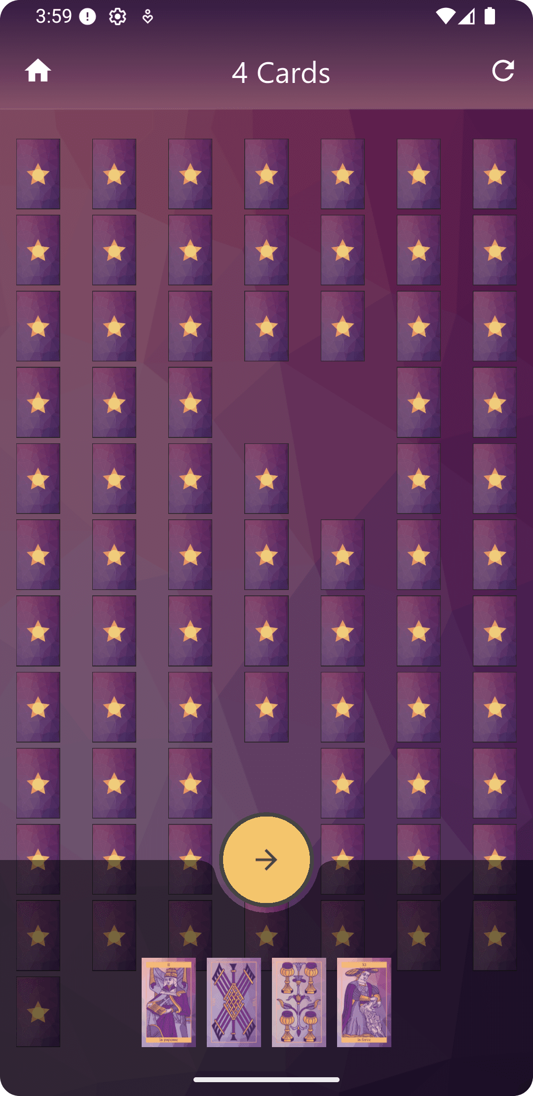 Card selection screen in Meu Tarot for digital tarot readings with Rider Waite and Gypsy decks.