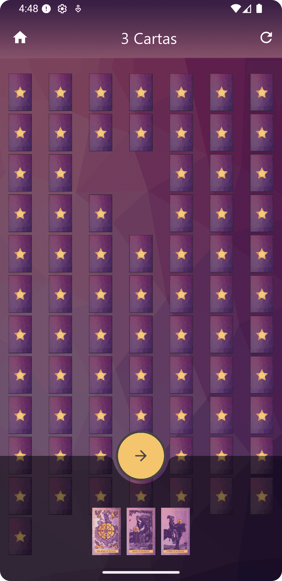 Pantalla de selección de cartas en Meu Tarot para tiradas digitales.
