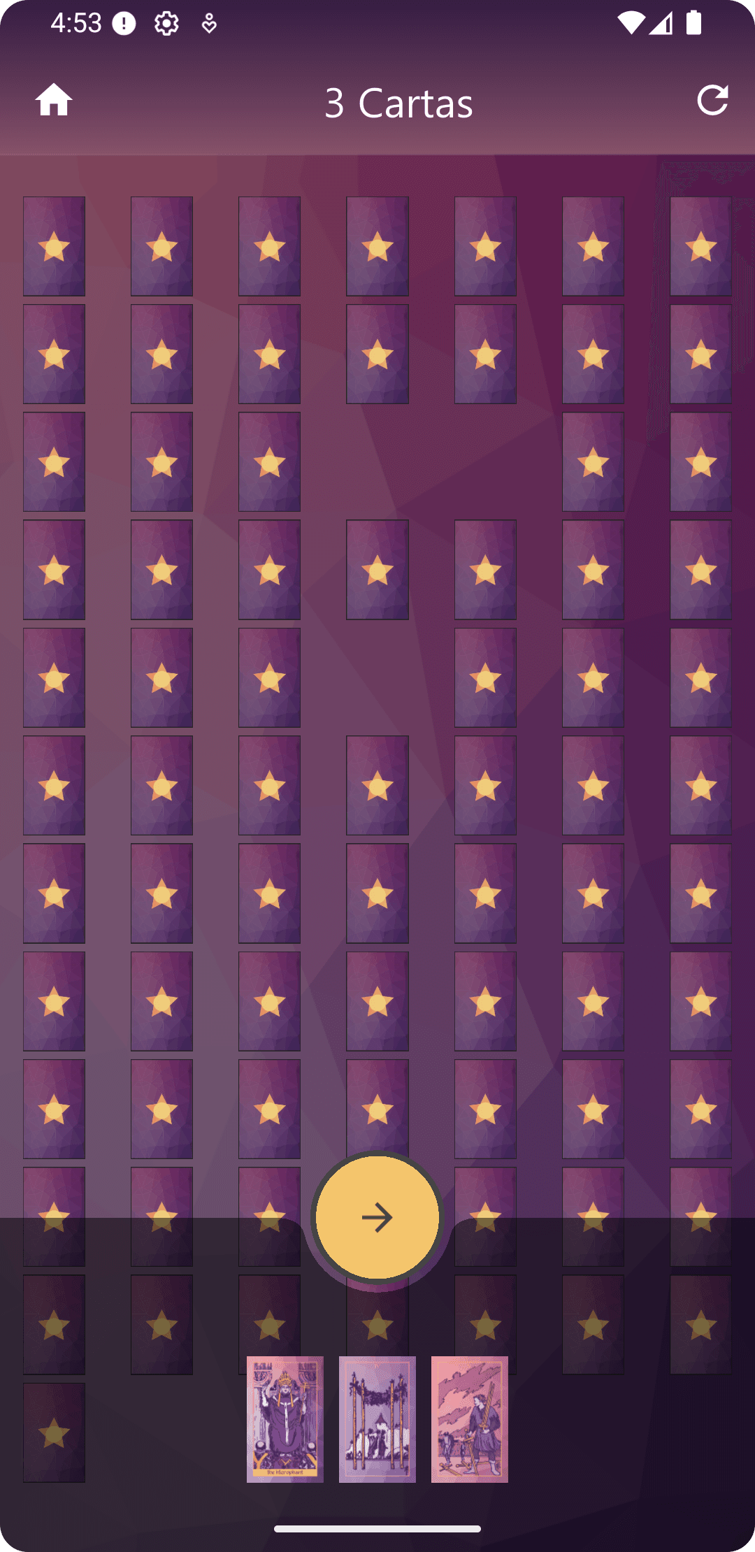 Seleção de cartas no app Meu Tarot para tiragem digital de tarot com baralho cigano e Rider Waite.