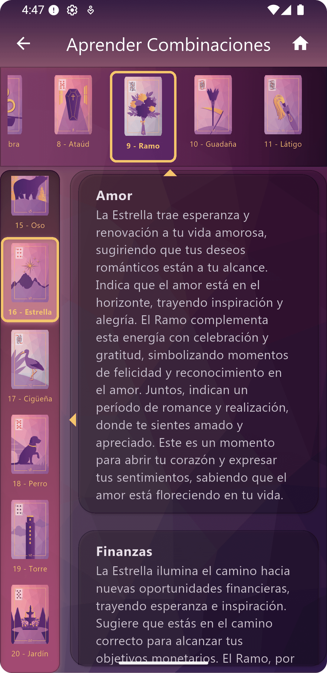 Combinaciones de cartas en Meu Tarot con interpretaciones para amor, carrera y salud.