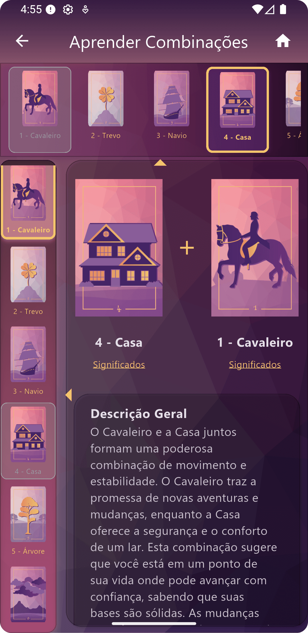 Combinações de cartas no Meu Tarot com interpretações para amor, carreira e saúde.