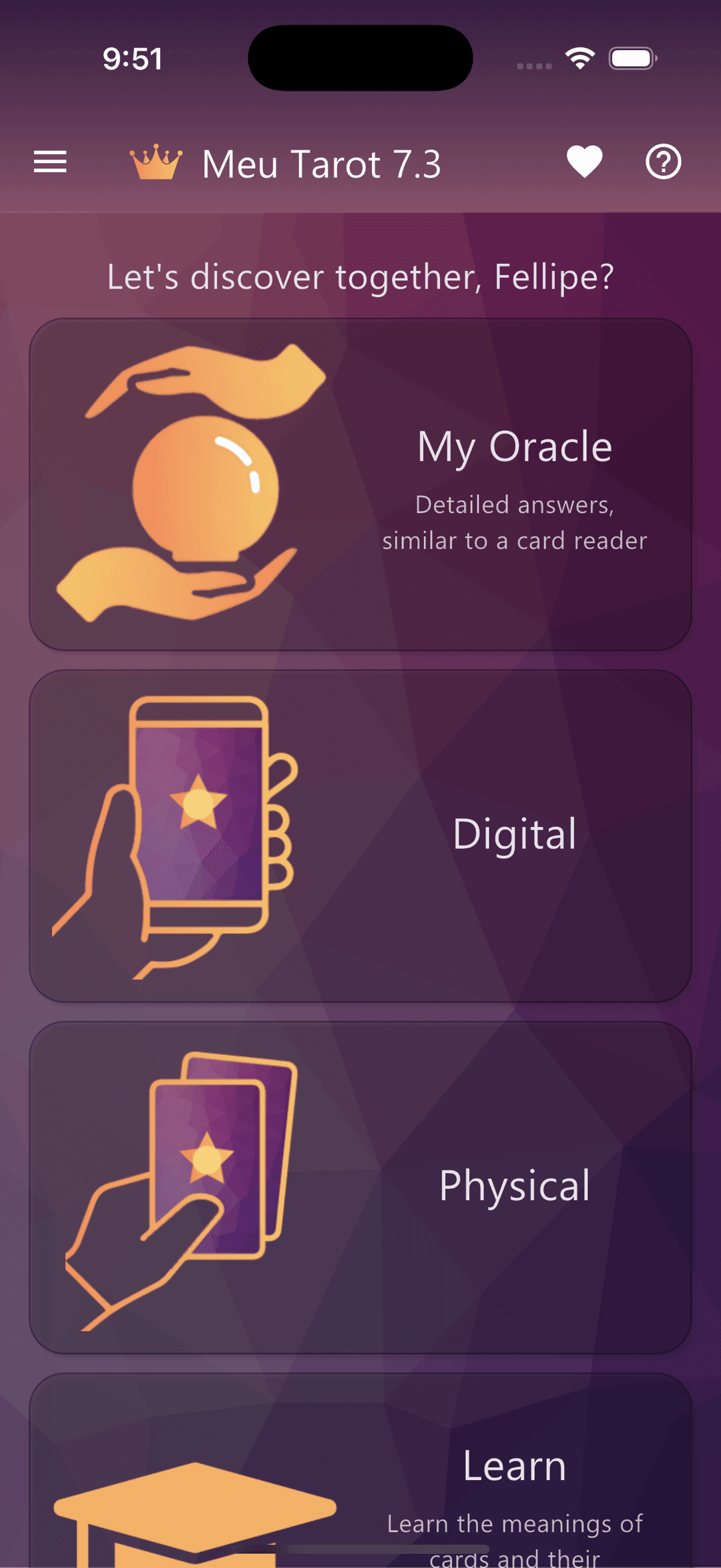Meu Tarot app home screen showing available tarot and Lenormand decks for online card reading.