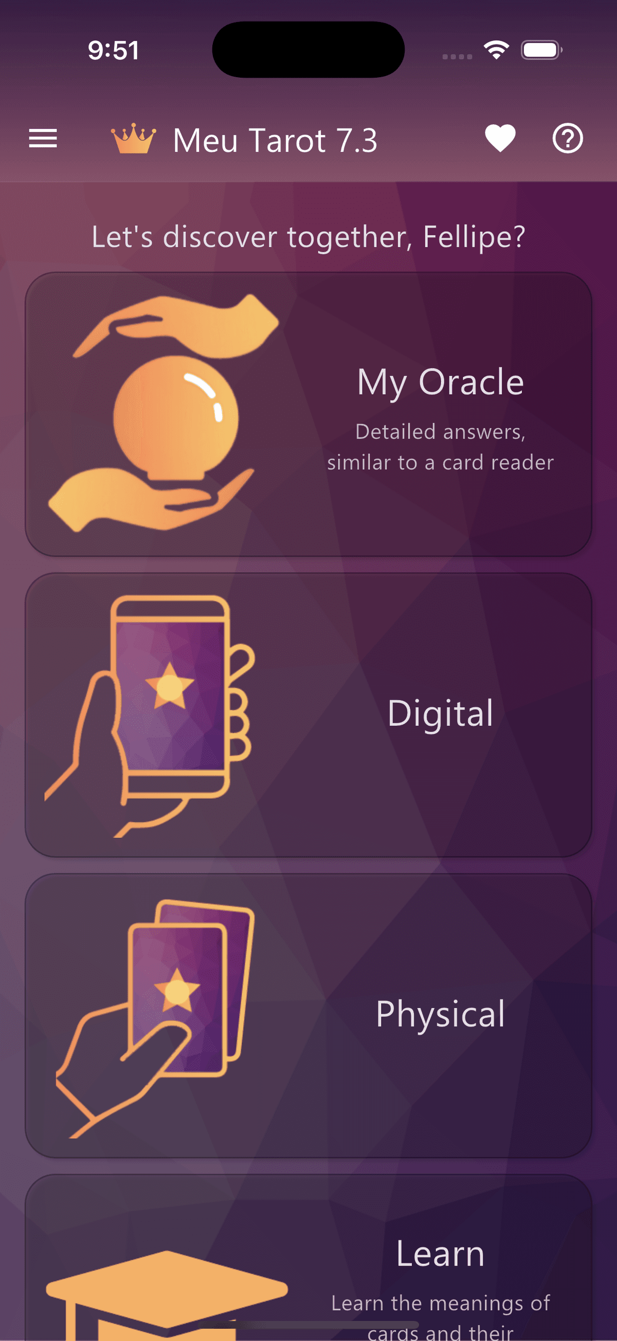 Meu Tarot app home screen showing available tarot and Lenormand decks for online card reading.