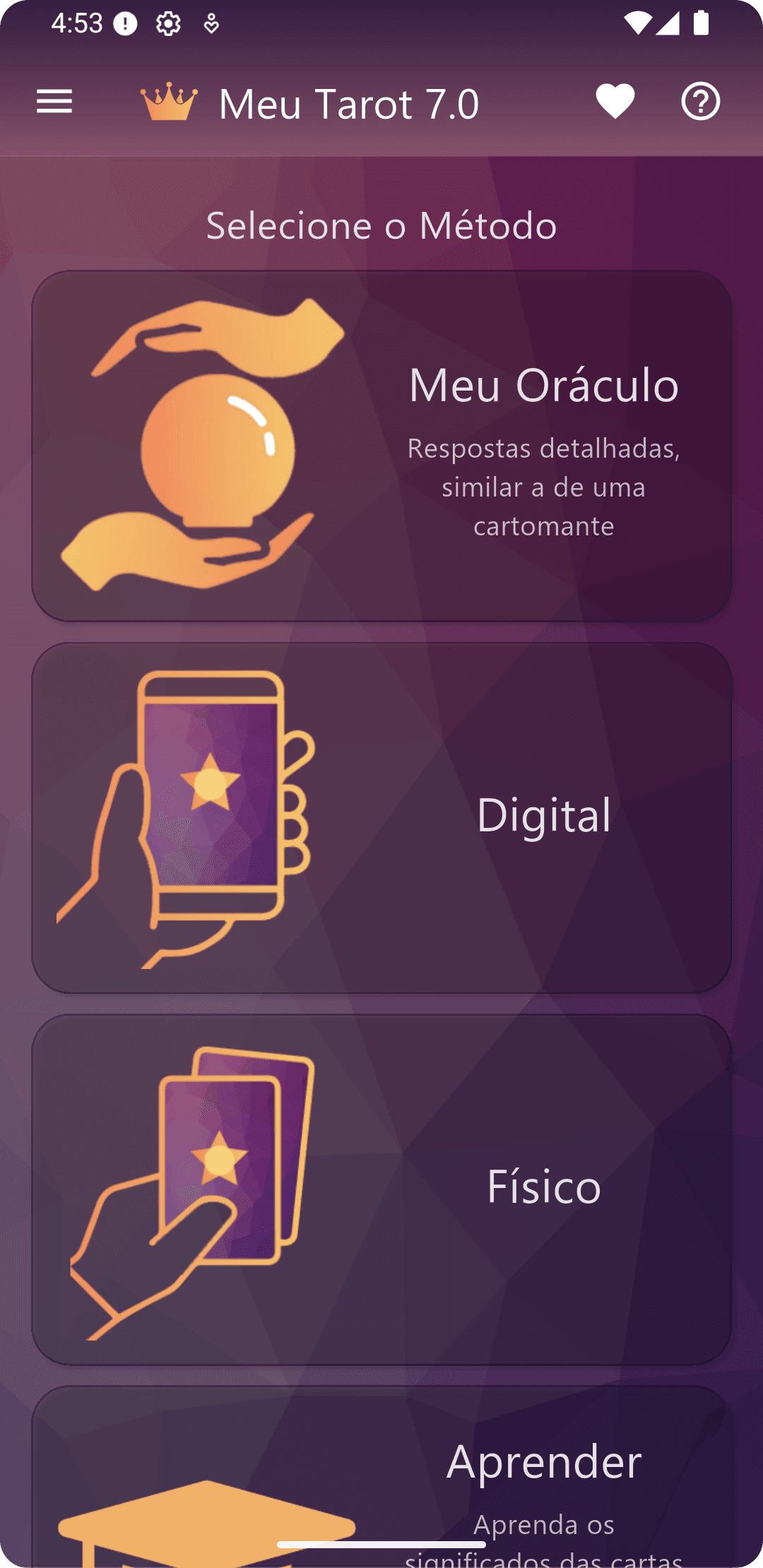 Tela inicial do app Meu Tarot mostrando baralhos disponíveis e opções de tiragem de tarot online.