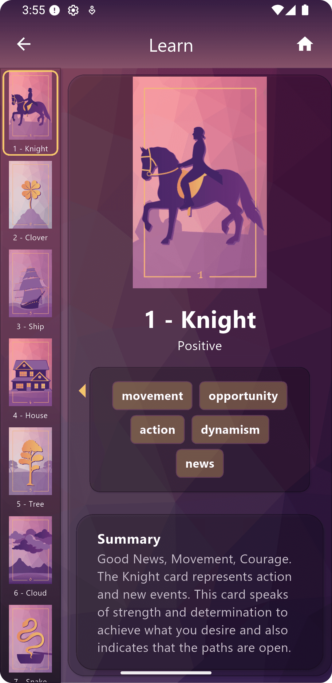 Study section in Meu Tarot with detailed tarot and Lenormand card meanings.