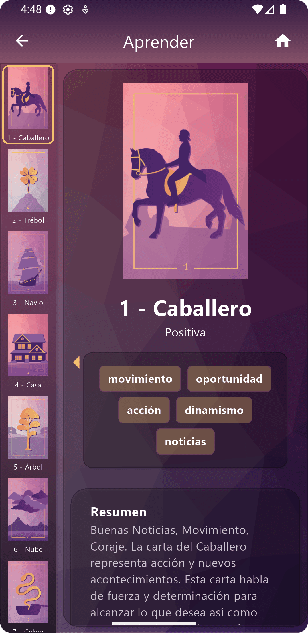 Sección de estudio en Meu Tarot con significados detallados de cartas.