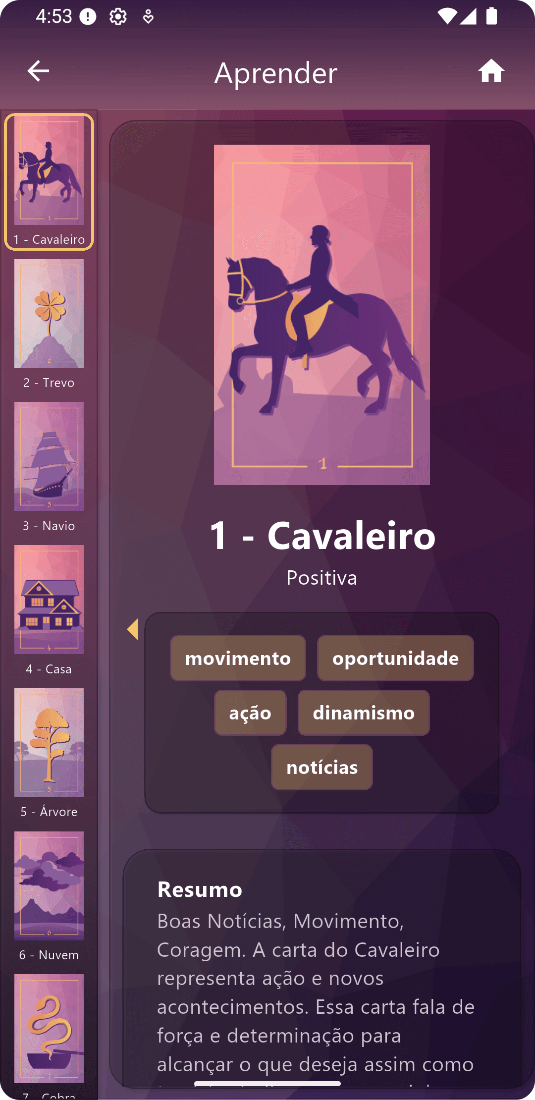 Seção de estudo do Meu Tarot com significados detalhados de cartas de tarot e baralho cigano.