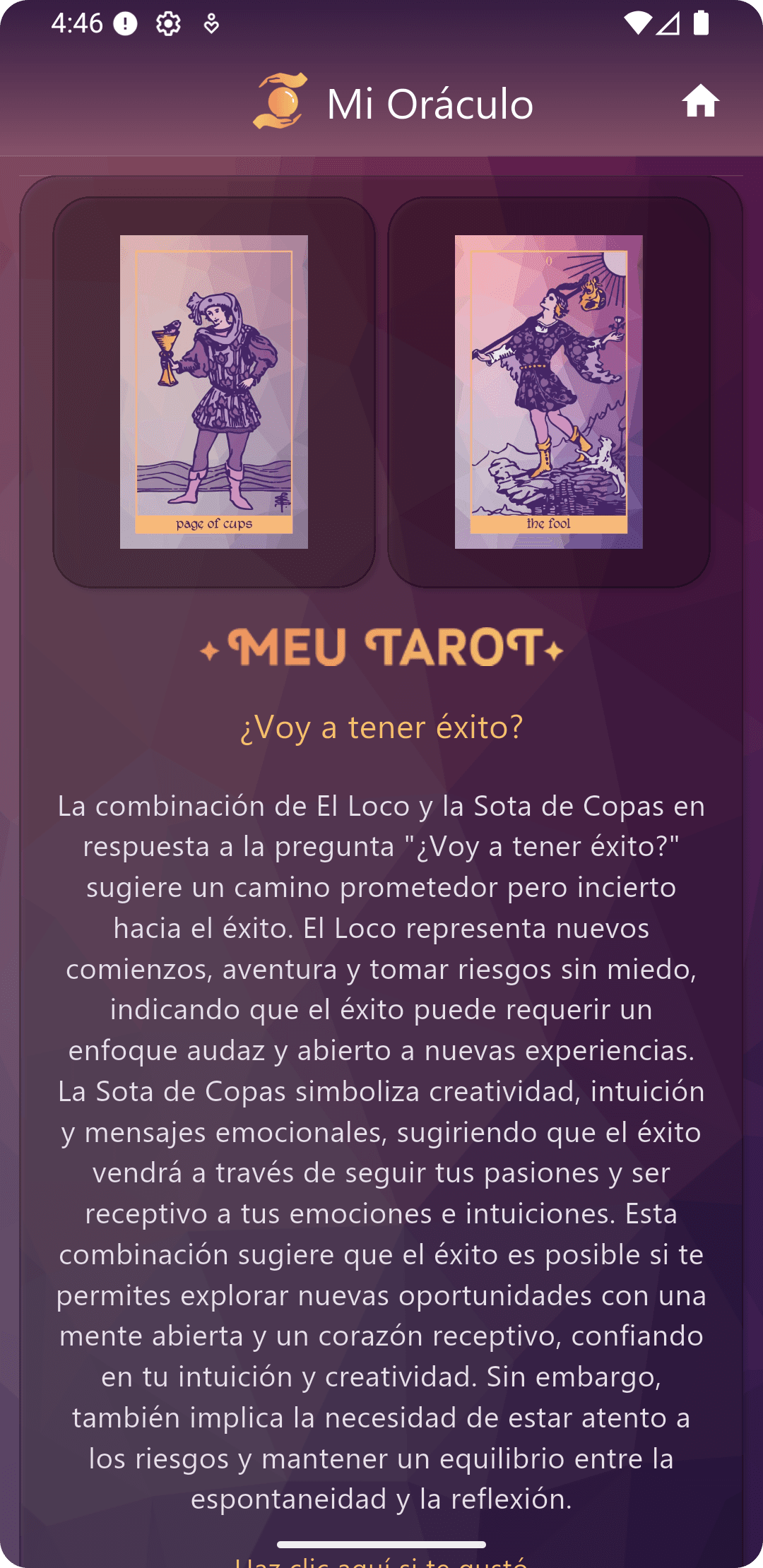 Interpretación por IA de Mi Oráculo en Meu Tarot con análisis personalizado.