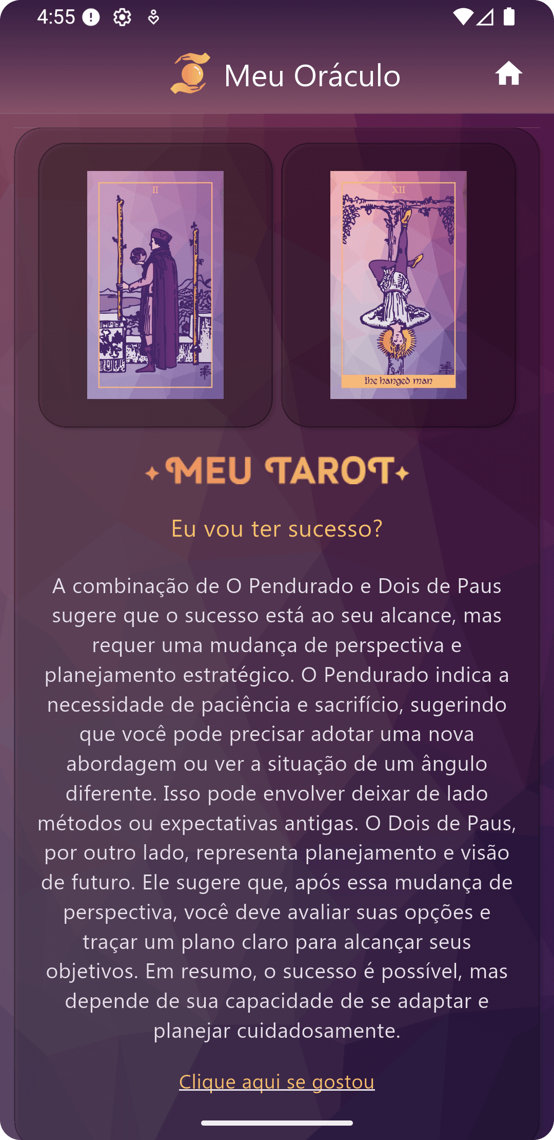 Interpretação por IA do Meu Oráculo no app Meu Tarot com análise personalizada de tiragem.
