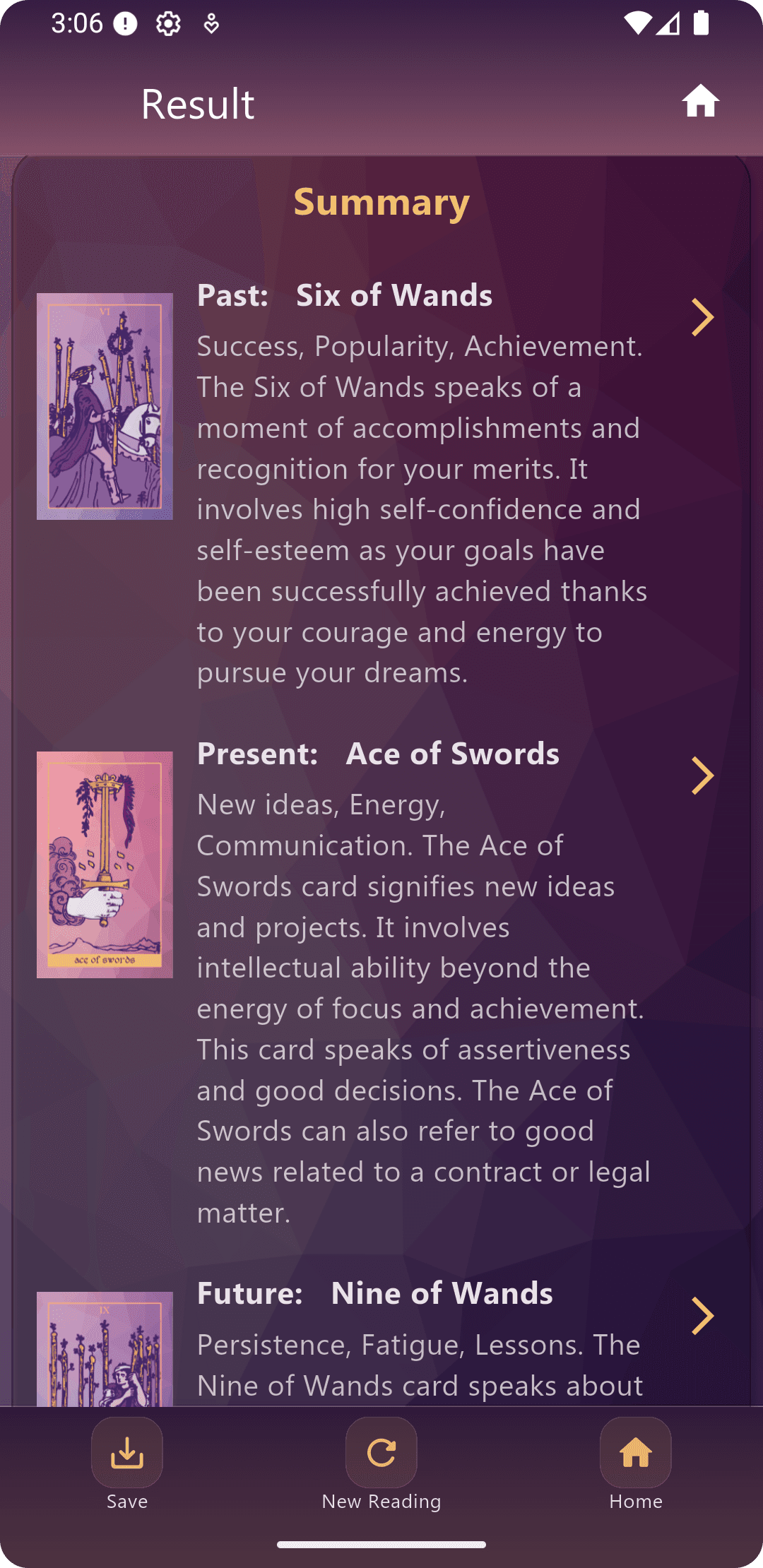 Spread result in Meu Tarot with complete card summary and interpretation.