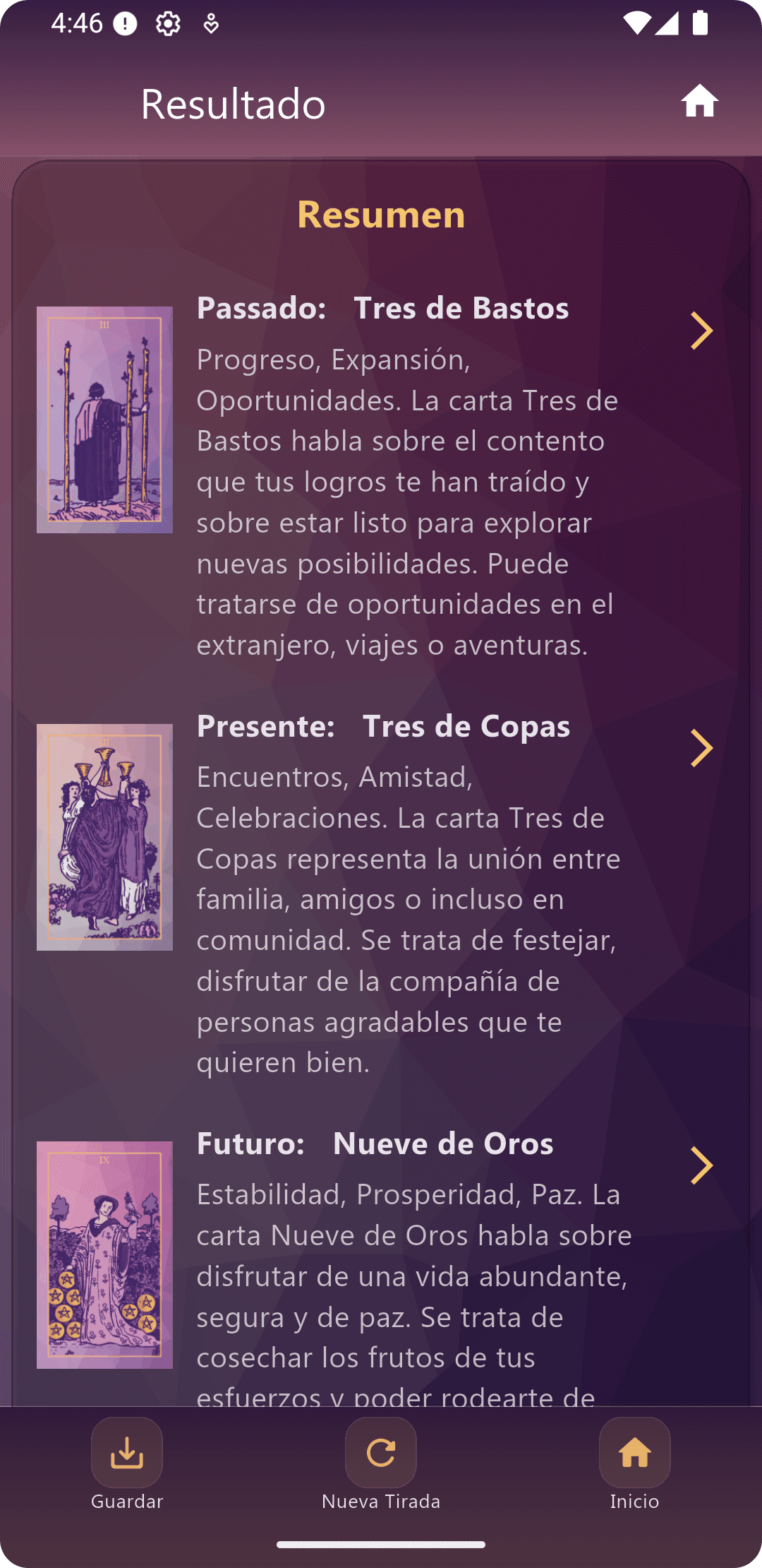 Resultado de tirada en Meu Tarot con resumen completo.