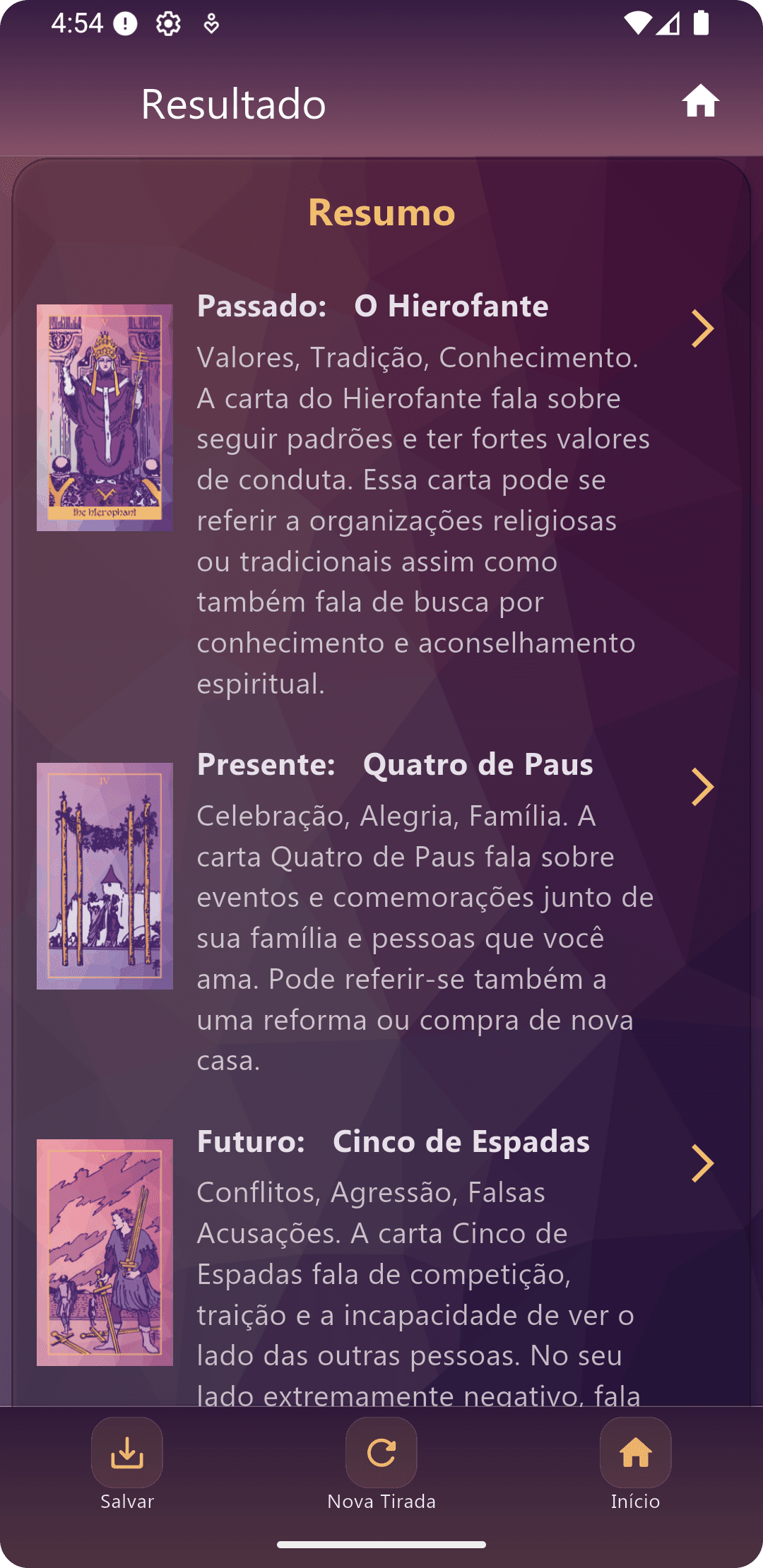 Resultado de tiragem no Meu Tarot com resumo completo das cartas e interpretação.